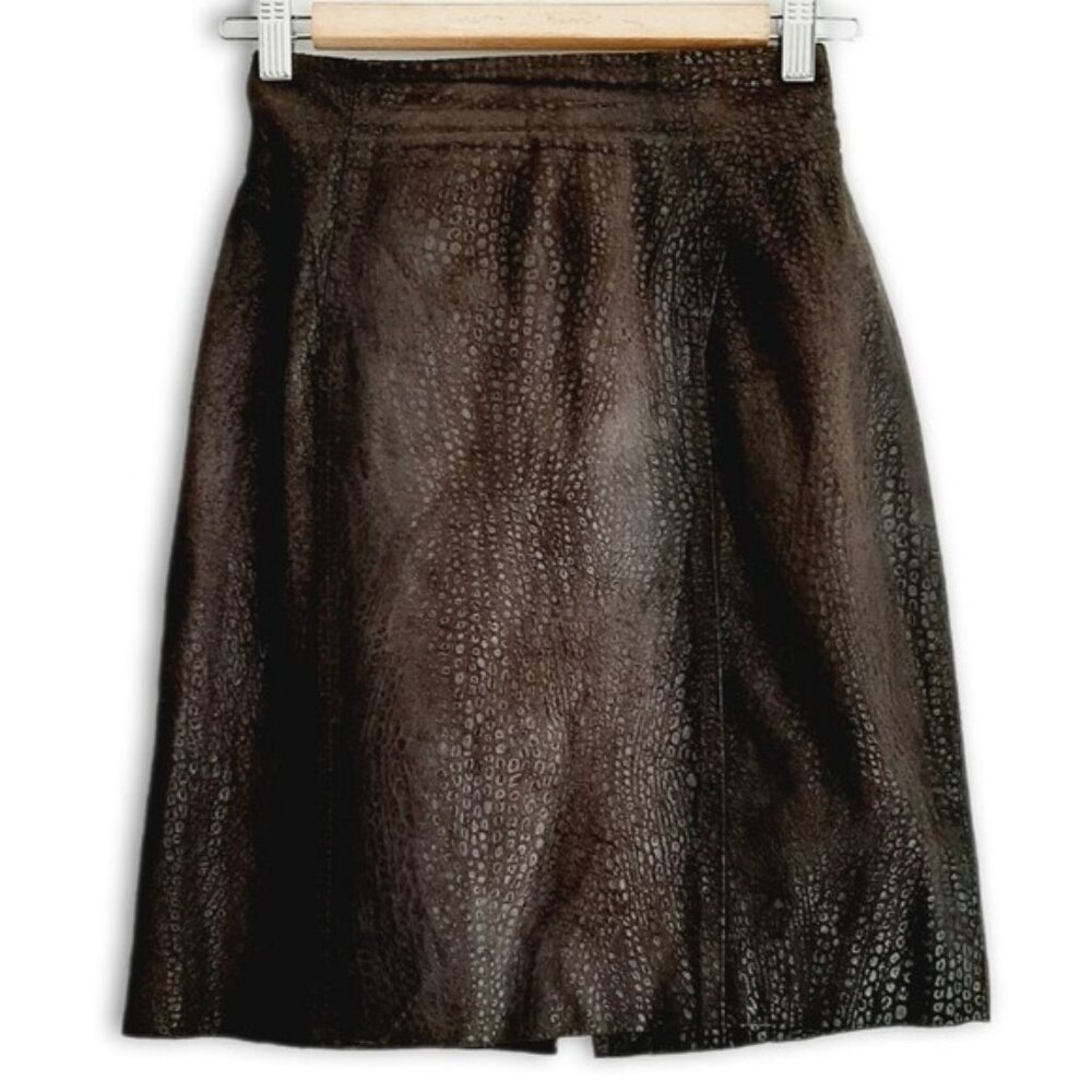 DANIER Reptile Pattern 100% Genuine Suede Leather Pencil Knee Length Brown Sz 4